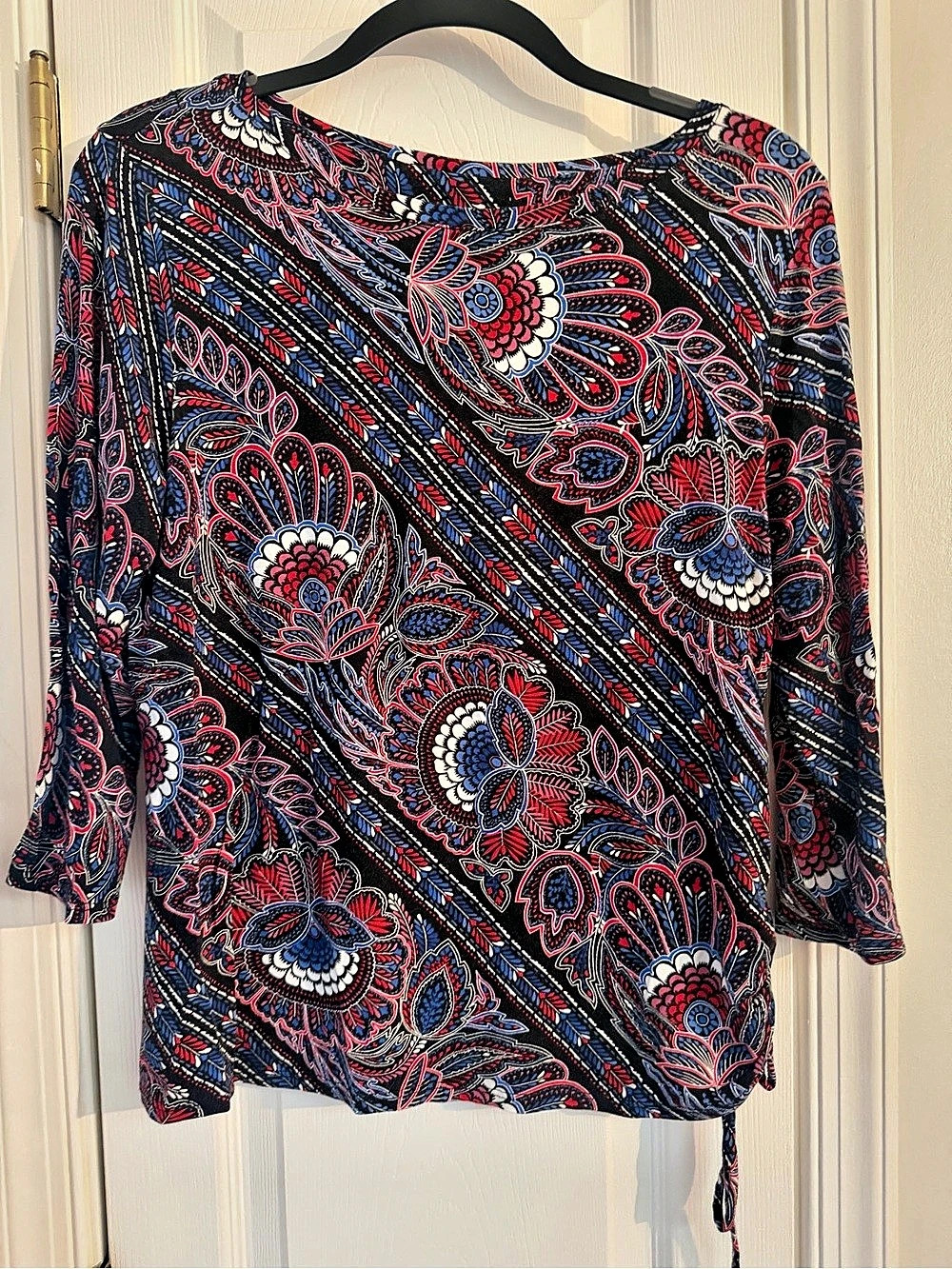 Ruby Rd. Petite Paisley Print Knit Top with Side Cinch Blue & Red